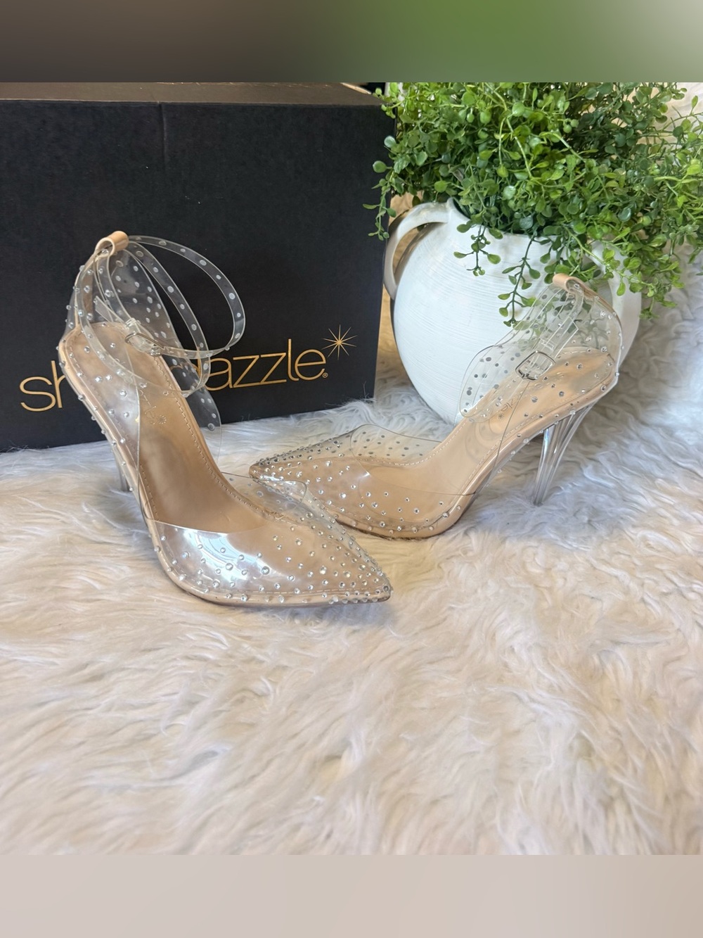 Shoe Dazzle Transparent Pointed-Toe Ankle Strap Pumps with Rhinestones - Clear